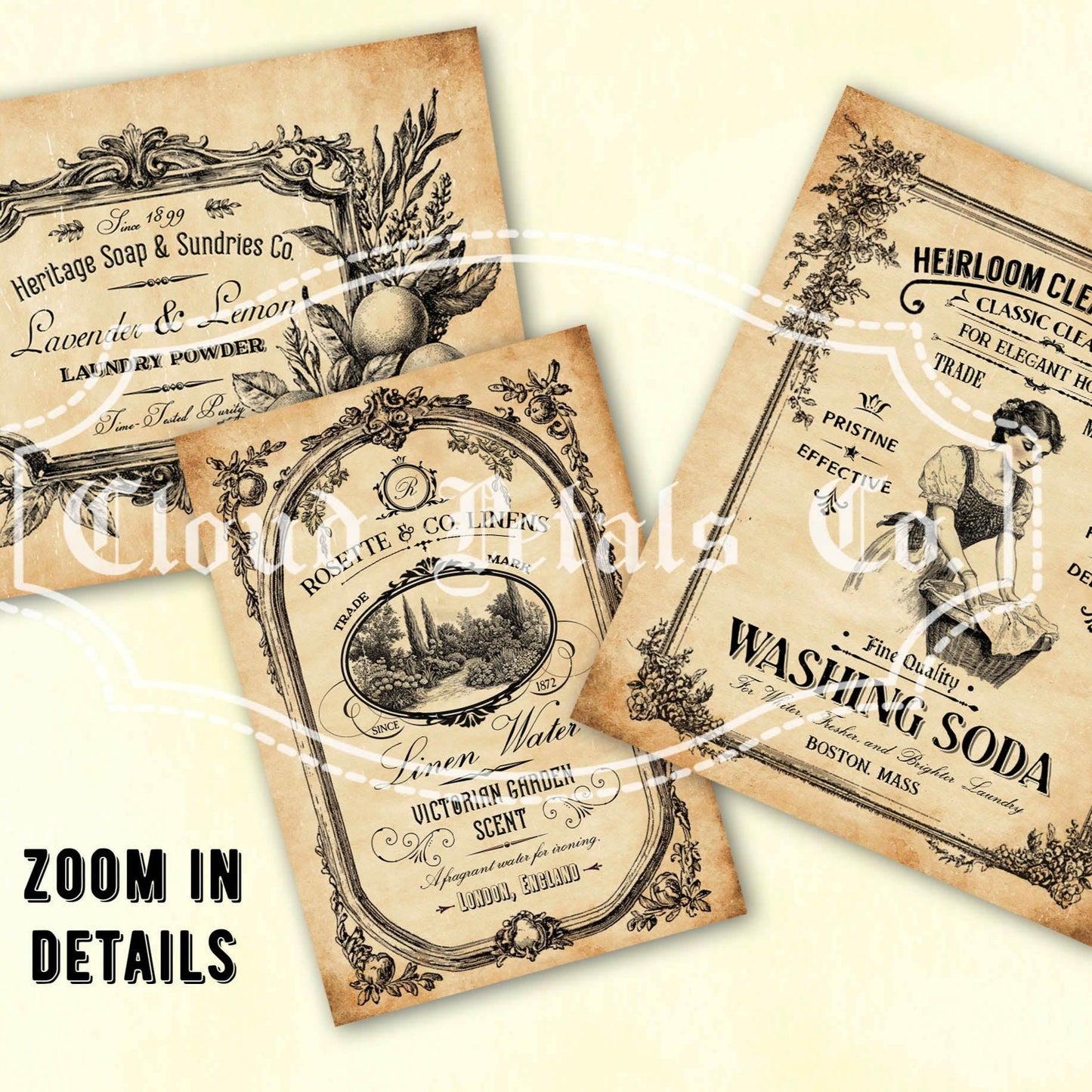 Vintage-style laundry labels with intricate designs and text on a beige background.