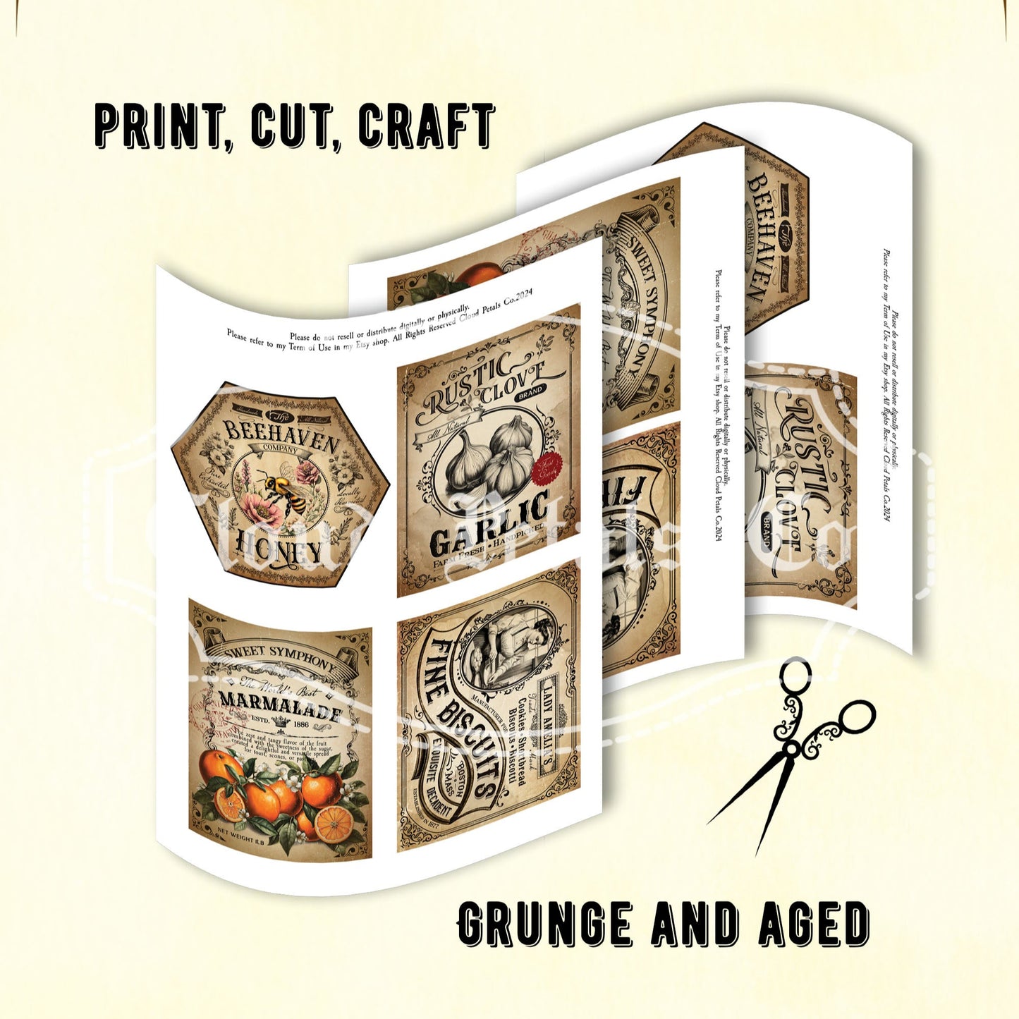 Vintage style kitchen labels with grunge and aged effect on a beige background.