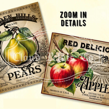 Vintage-style kitchen labels for pears and apples with brand name 'Golden Hills' and 'Red Delicious'.