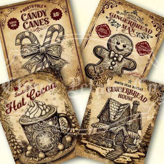 images of Vintage style Christmas labels, Candy canes, gingerbread man, hot cocoa for crafts and decor