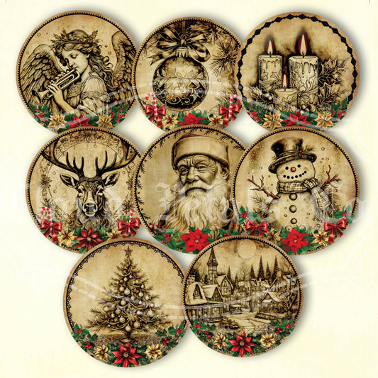 A collection of vintage style Christmas tags featuring various holiday-themed illustrations such as Santa Claus, a reindeer, and Christmas decorations.