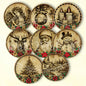 A collection of vintage style Christmas tags featuring various holiday-themed illustrations such as Santa Claus, a reindeer, and Christmas decorations.