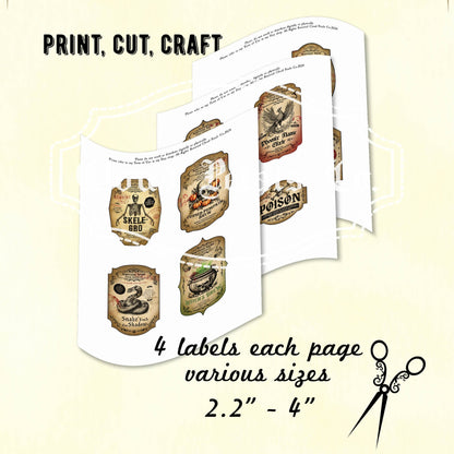 Vintage-style Halloween labels for witch/wizard with text and illustrations on a beige background.