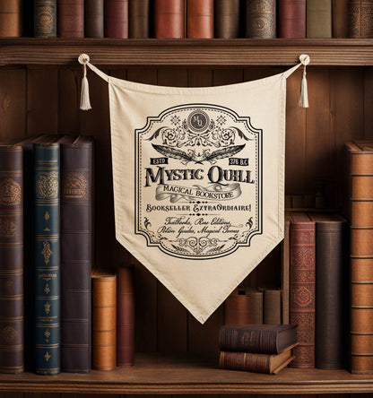 Banner with 'Mystic Quill' design hanging on a bookshelf with vintage books.