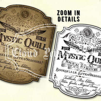 Vintage-style Halloween wizard bookstore sign with 'Mystic Quill' branding.
