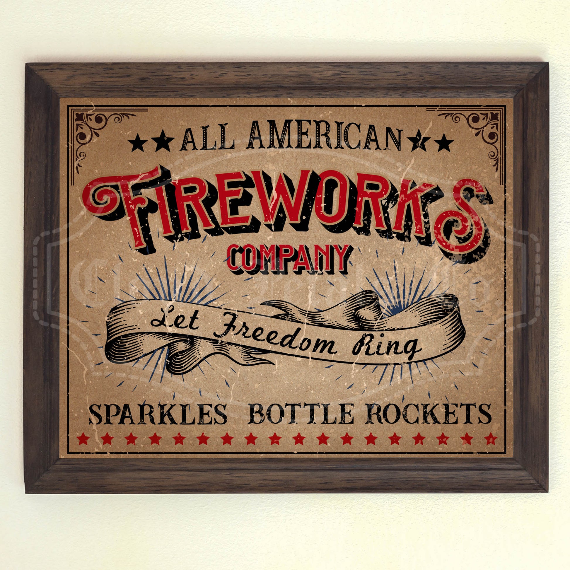 A vintage style 4th of July fireworks sign with the text 'All American Fireworks Company' and 'Let Freedom Ring' in red and blue colors, surrounded by stars on a rustic background.