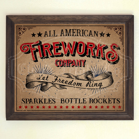 A vintage style 4th of July fireworks sign with the text 'All American Fireworks Company' and 'Let Freedom Ring' in red and blue colors, surrounded by stars on a rustic background.