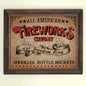 A vintage style 4th of July fireworks sign with the text 'All American Fireworks Company' and 'Let Freedom Ring' in red and blue colors, surrounded by stars on a rustic background.