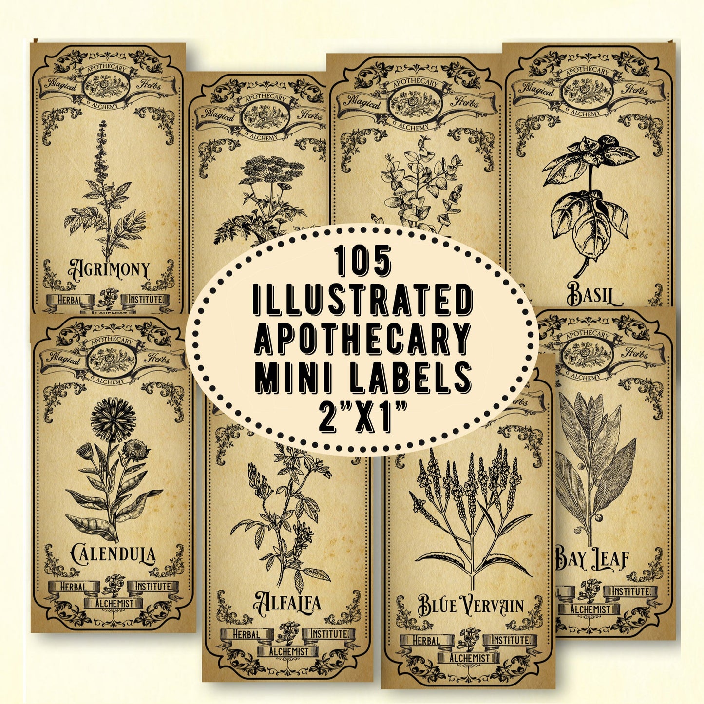 Vintage witchcraft apothecary labels with botanical illustrations on a beige background.