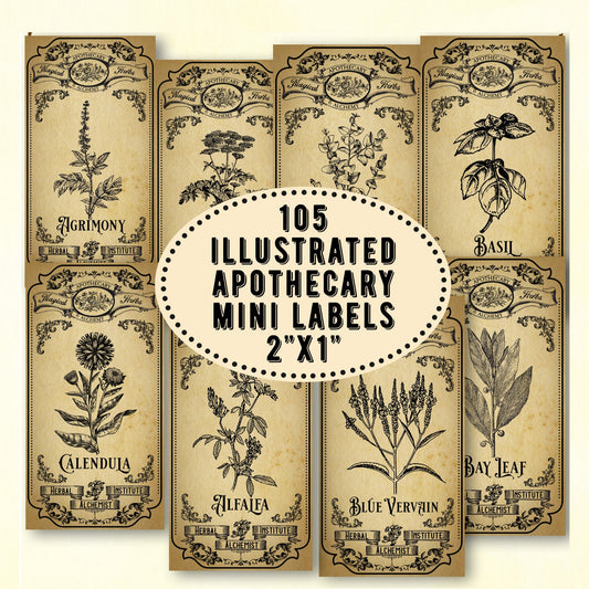 Vintage witchcraft apothecary labels with botanical illustrations on a beige background.