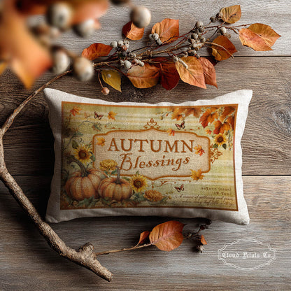 autumn blessings label printed on a pillow case