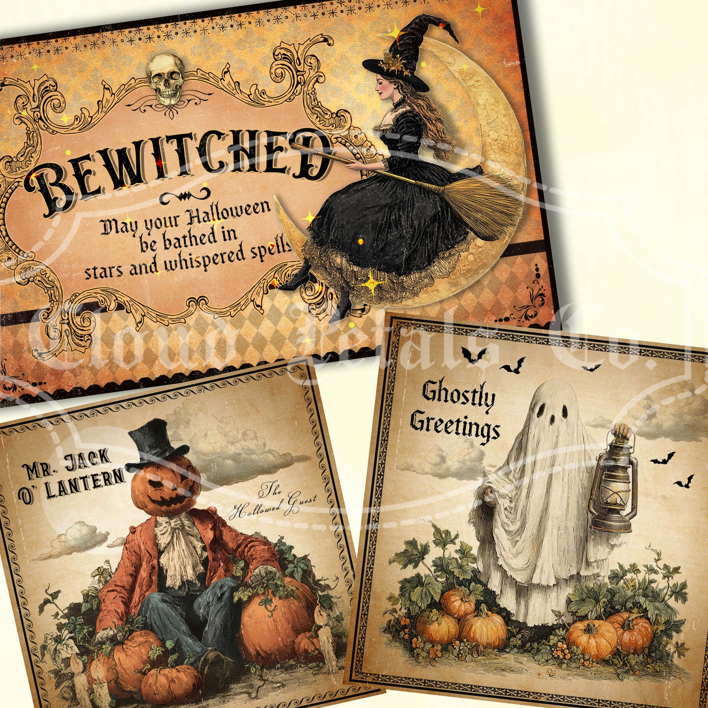 Bewitching Halloween Art – Victorian Witch, Mr. Jack-o’-Lantern & Ghost with Lamp
