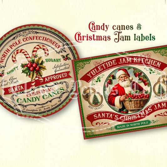 Two Christmas-themed product labels with candy canes and Santa Claus on a light background.