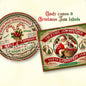 Two Christmas-themed product labels with candy canes and Santa Claus on a light background.