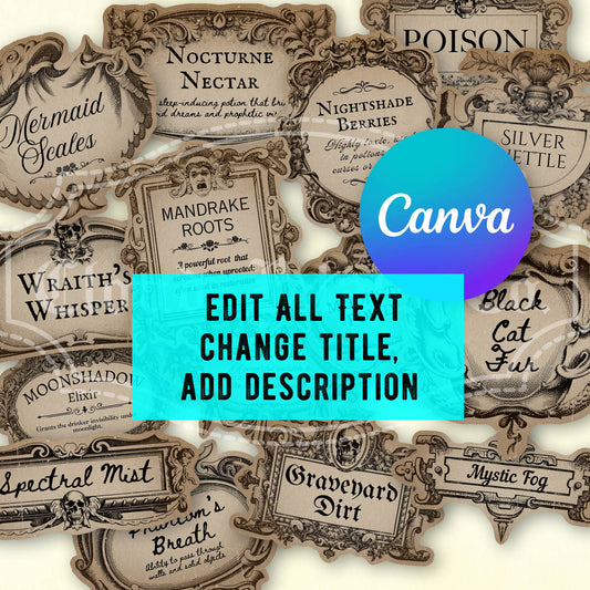 Gothic Halloween Potion Labels – Editable Vintage Canva Templates