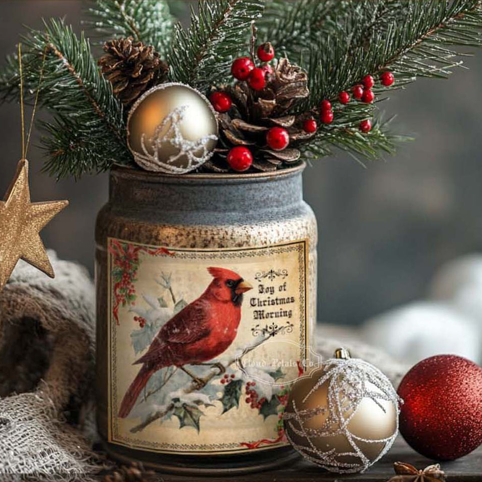 Decorative jar with Christmas elements and a vintage cardinal label on a blurred background