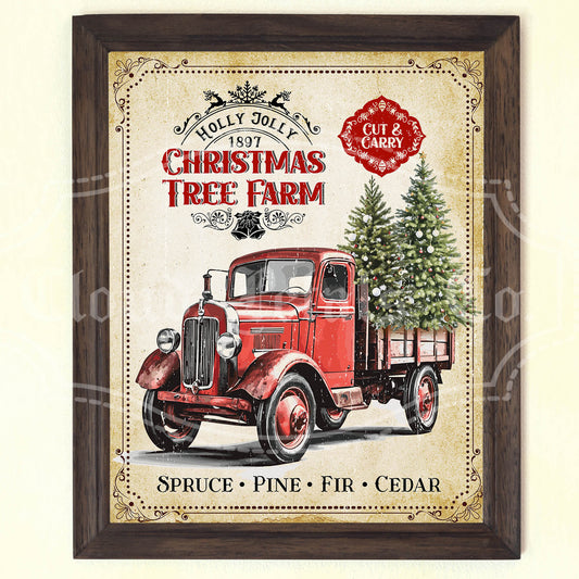 Vintage Christmas Tree Farm Sign – Red Truck Printable Wall Art PNG