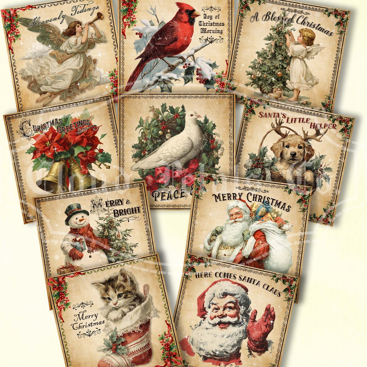 Vintage Christmas Square Labels – Printable Santa, Snowman, Angel & Holiday Animals