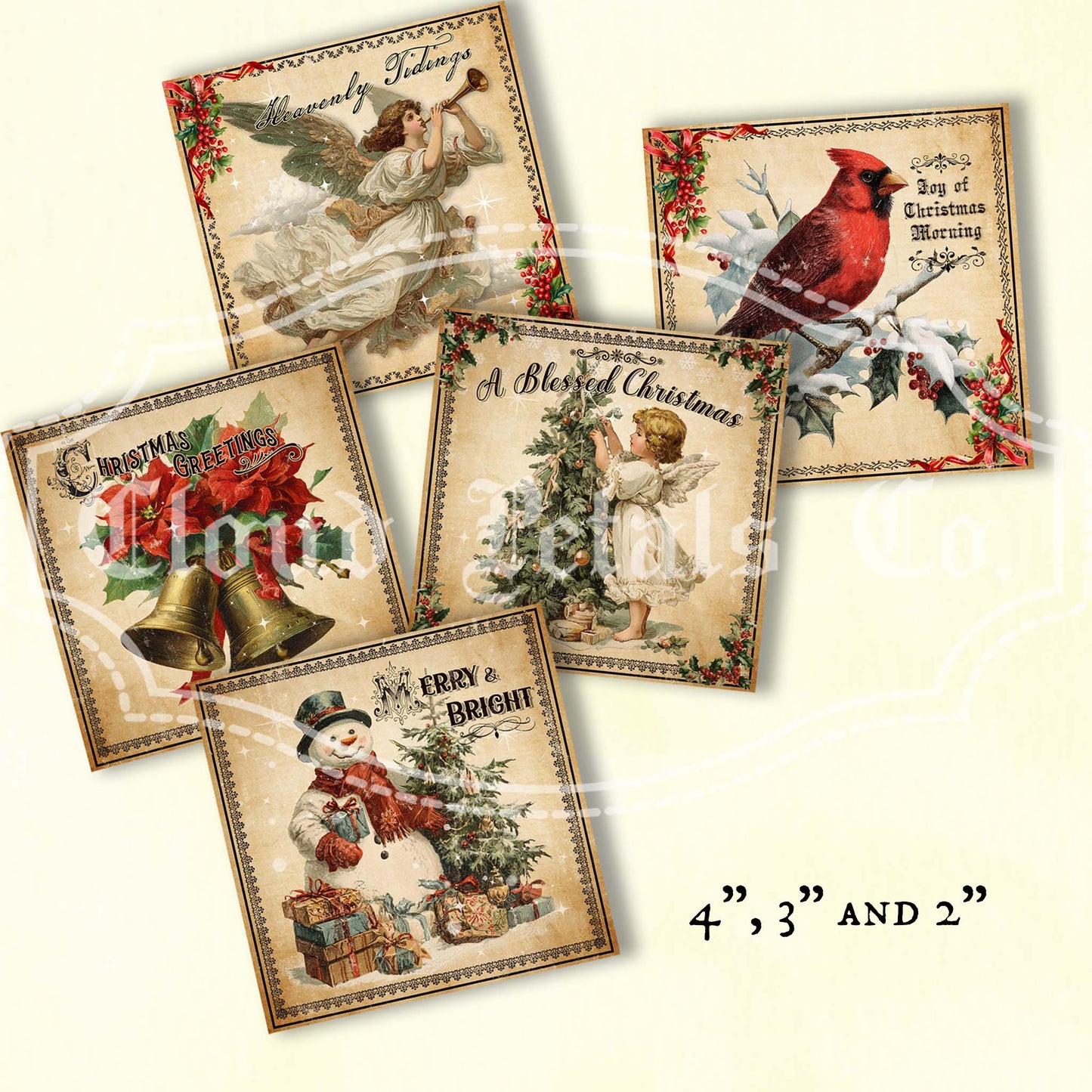 Vintage Christmas Square Labels – Printable Santa, Snowman, Angel & Holiday Animals