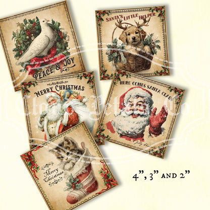 Vintage Christmas Square Labels – Printable Santa, Snowman, Angel & Holiday Animals