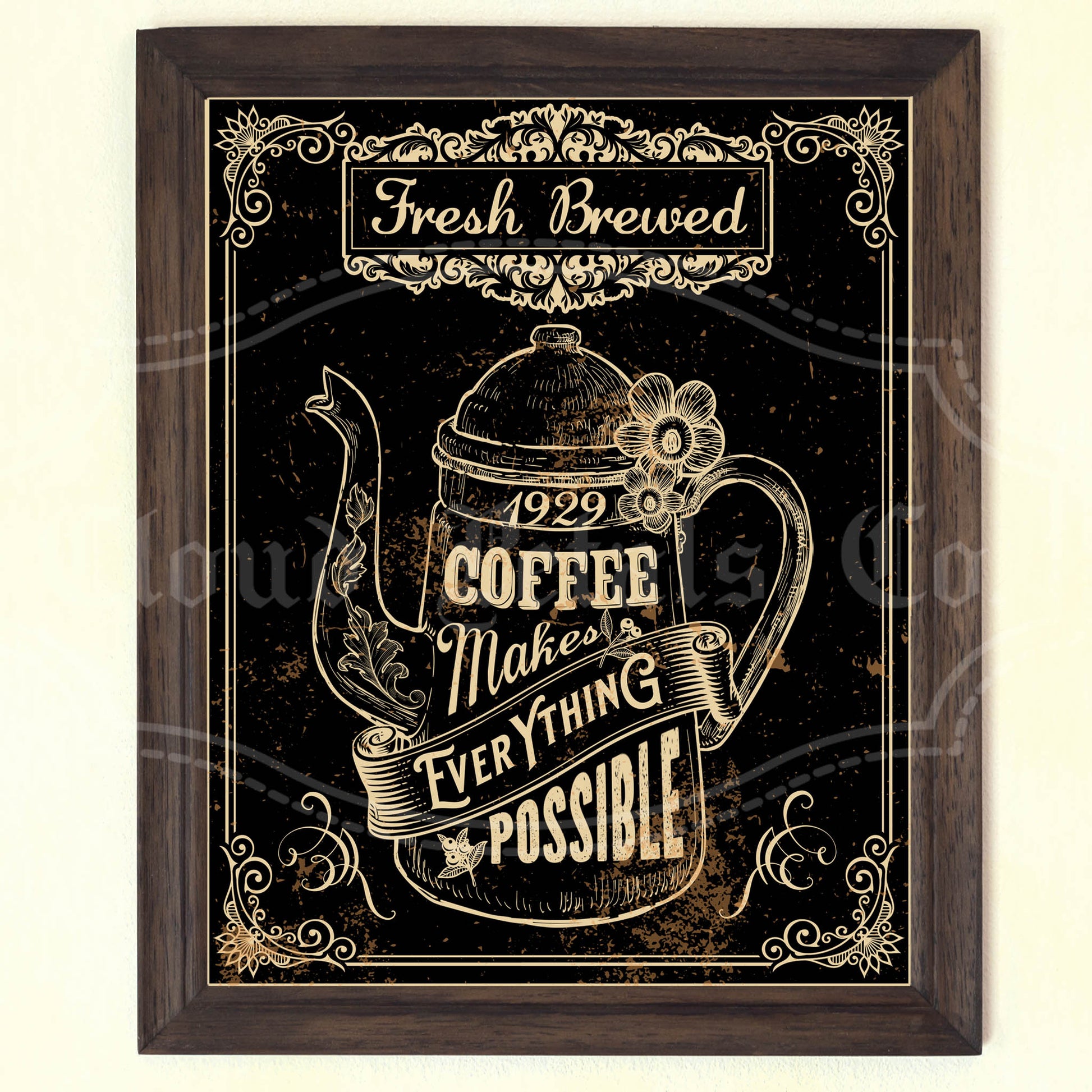 Vintage-style coffee poster with a teapot illustration and text on a dark background.