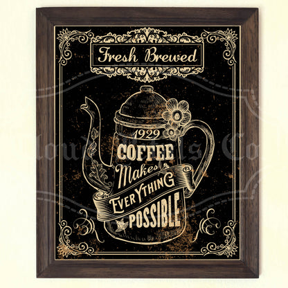 Vintage-style coffee poster with a teapot illustration and text on a dark background.