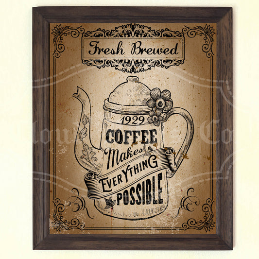 Vintage-style coffee poster with a teapot illustration and text on a brown background.