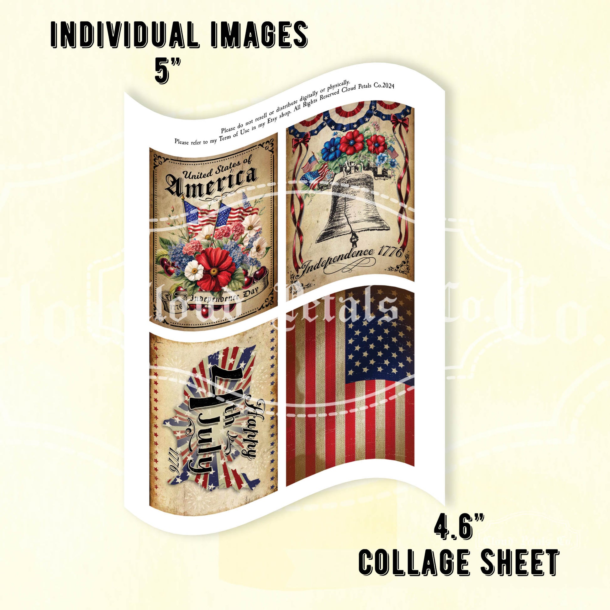 Collage sheet with American-themed designs including flags and text on a beige background.