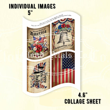 Collage sheet with American-themed designs including flags and text on a beige background.