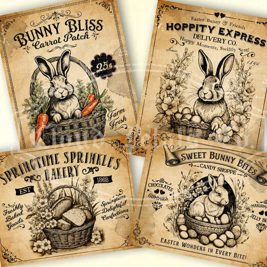 Vintage Easter Labels – Printable Bunny Bliss, Hoppity Express, Springtime Bakery & Sweet Bunny Bites
