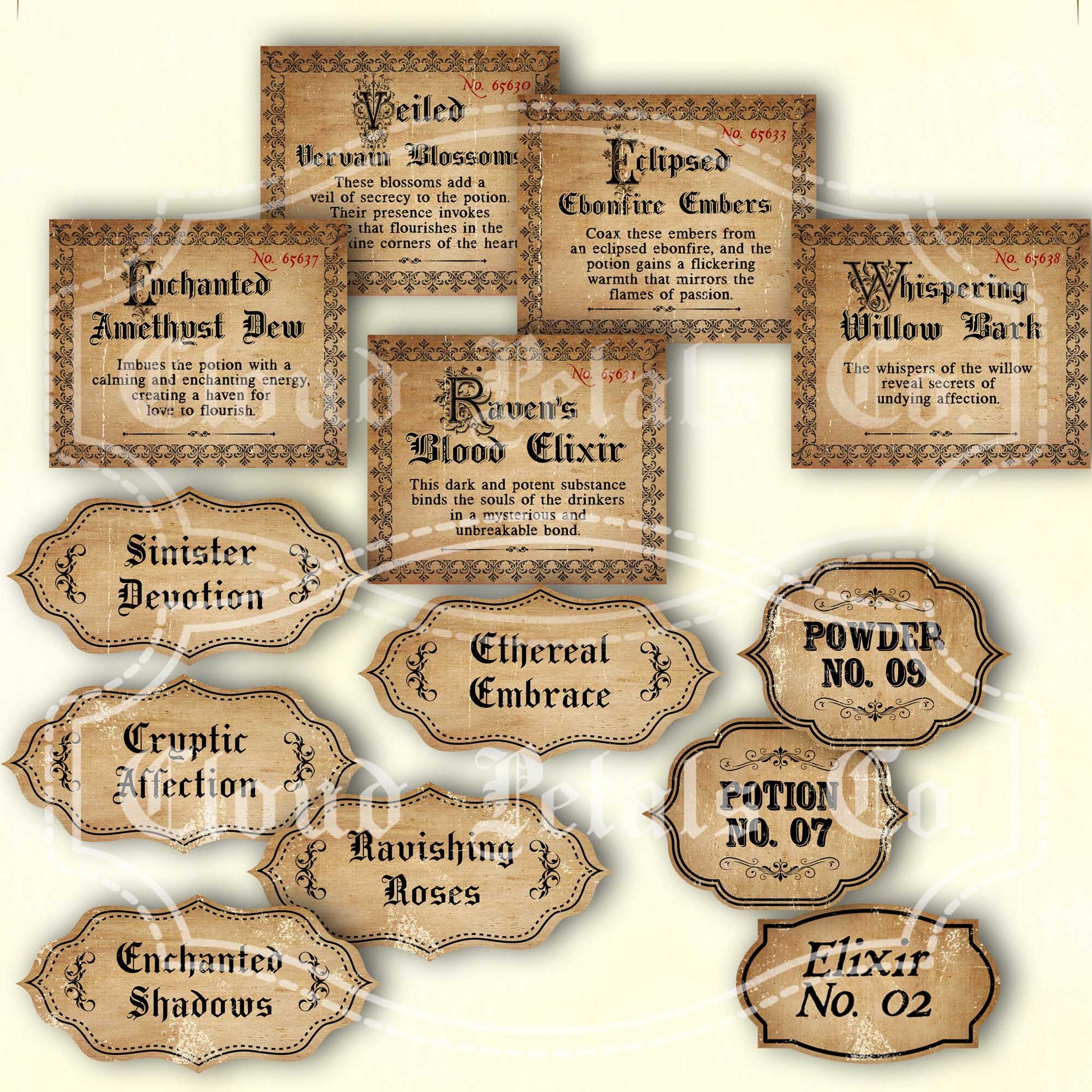 Vintage-style gothic Valentine love potion labels with decorative text on a beige background.