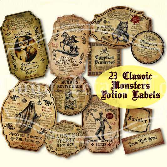 Classic Monster Potion Labels Printable – Frankenstein, Zombie & More