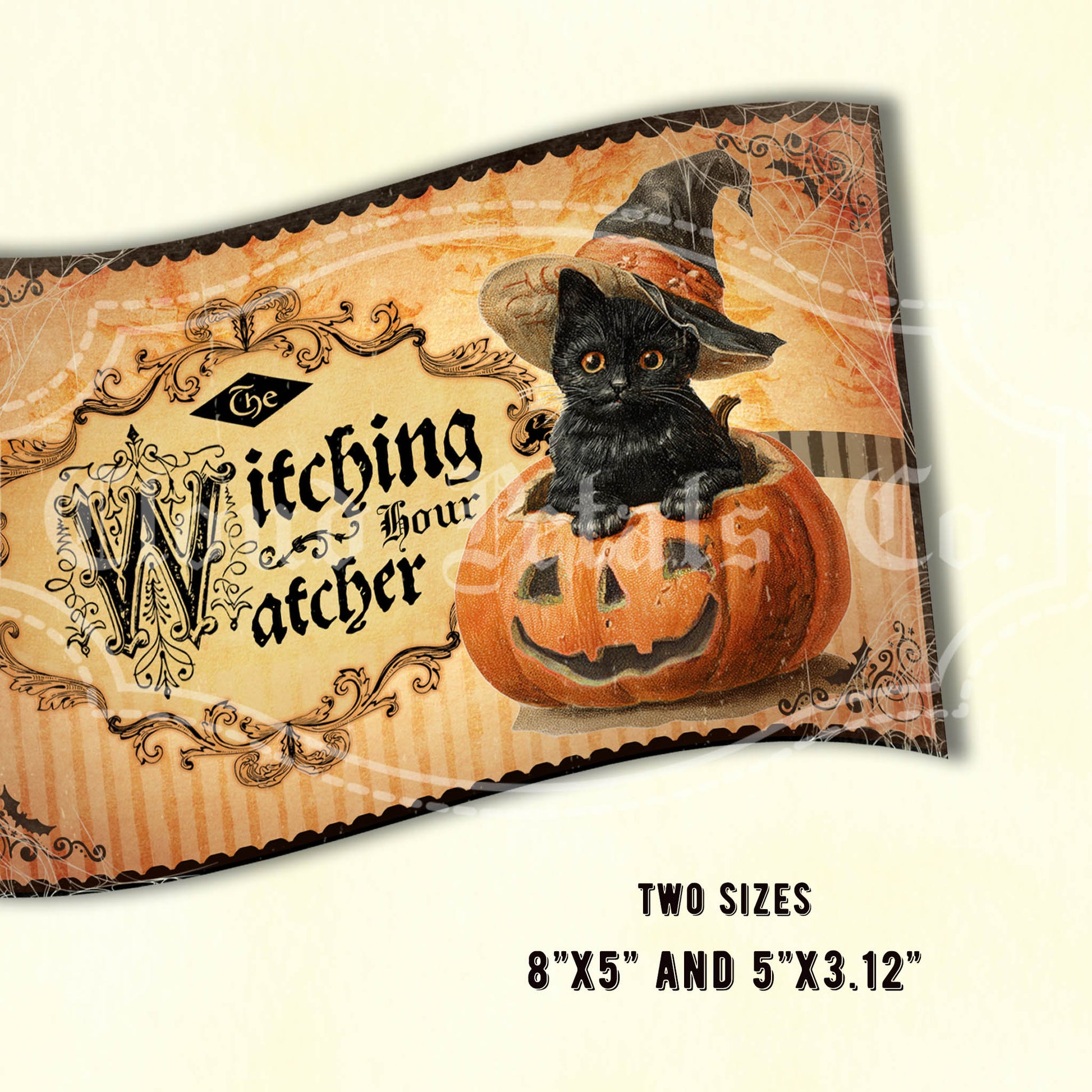 Halloween-themed pillow with a black cat in a pumpkin and decorative text on a beige background.