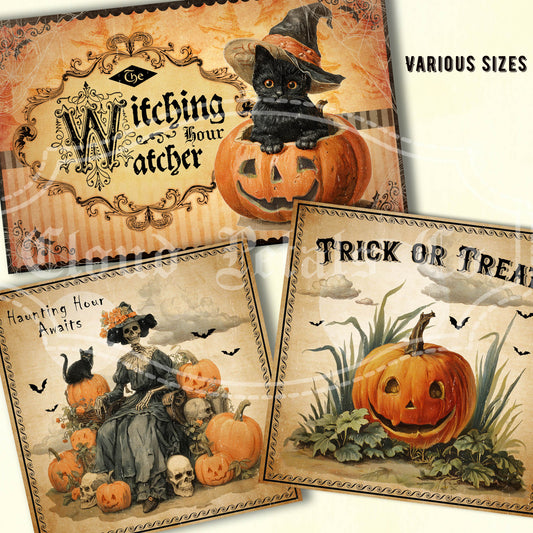 Vintage-style Halloween cards featuring pumpkins, cats, and skeletons with text.