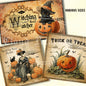 Vintage-style Halloween cards featuring pumpkins, cats, and skeletons with text.
