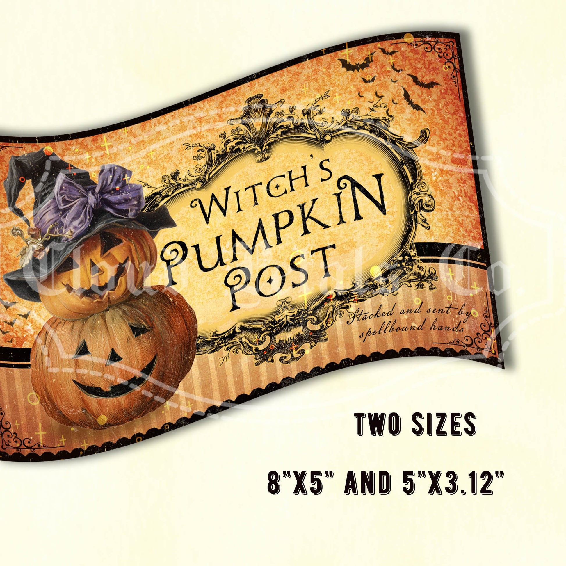 Halloween-themed label with pumpkins and a witch's hat on an orange background.