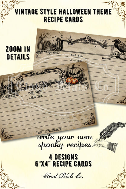 Vintage-style Halloween-themed recipe cards with illustrations and text.