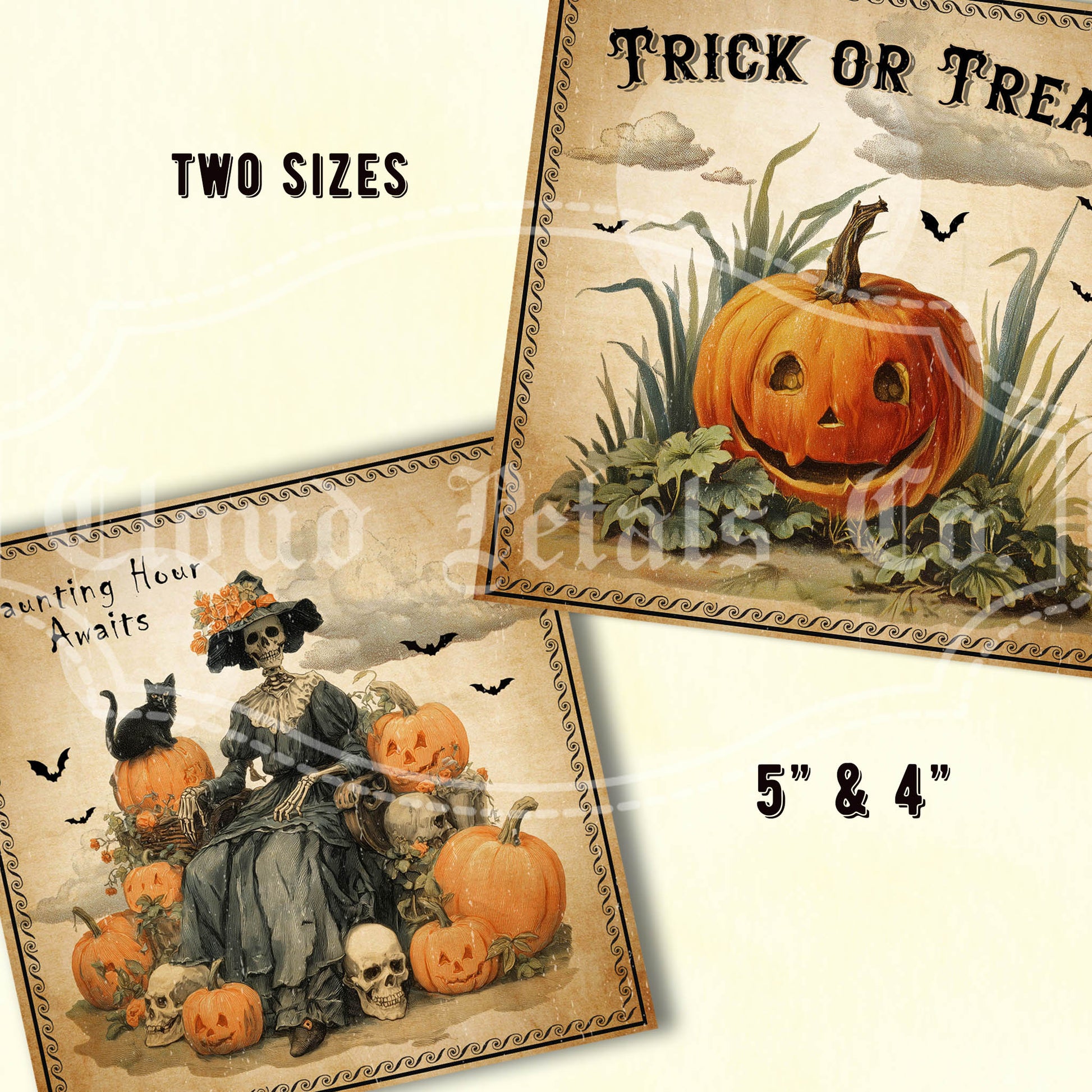 Two Halloween-themed prints with pumpkins and a skeleton, featuring text about sizes.
