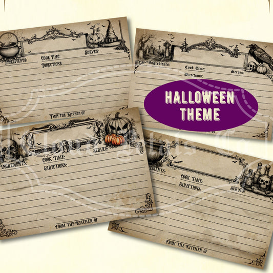 Vintage-style Halloween theme recipe cards with decorative text and design elements.