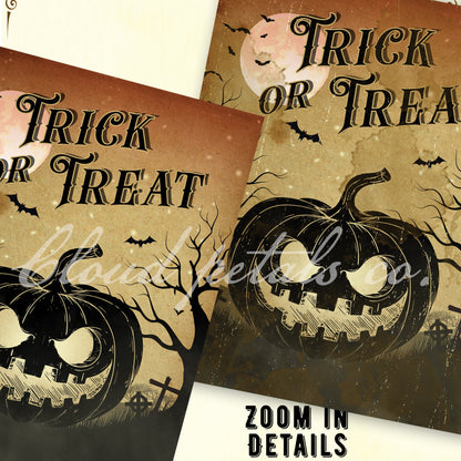 Vintage-style Halloween labels with pumpkins and text on a beige background.