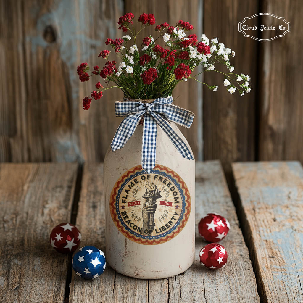 Decorative vase with patriotic design on a wooden surface with flowers and ornaments.