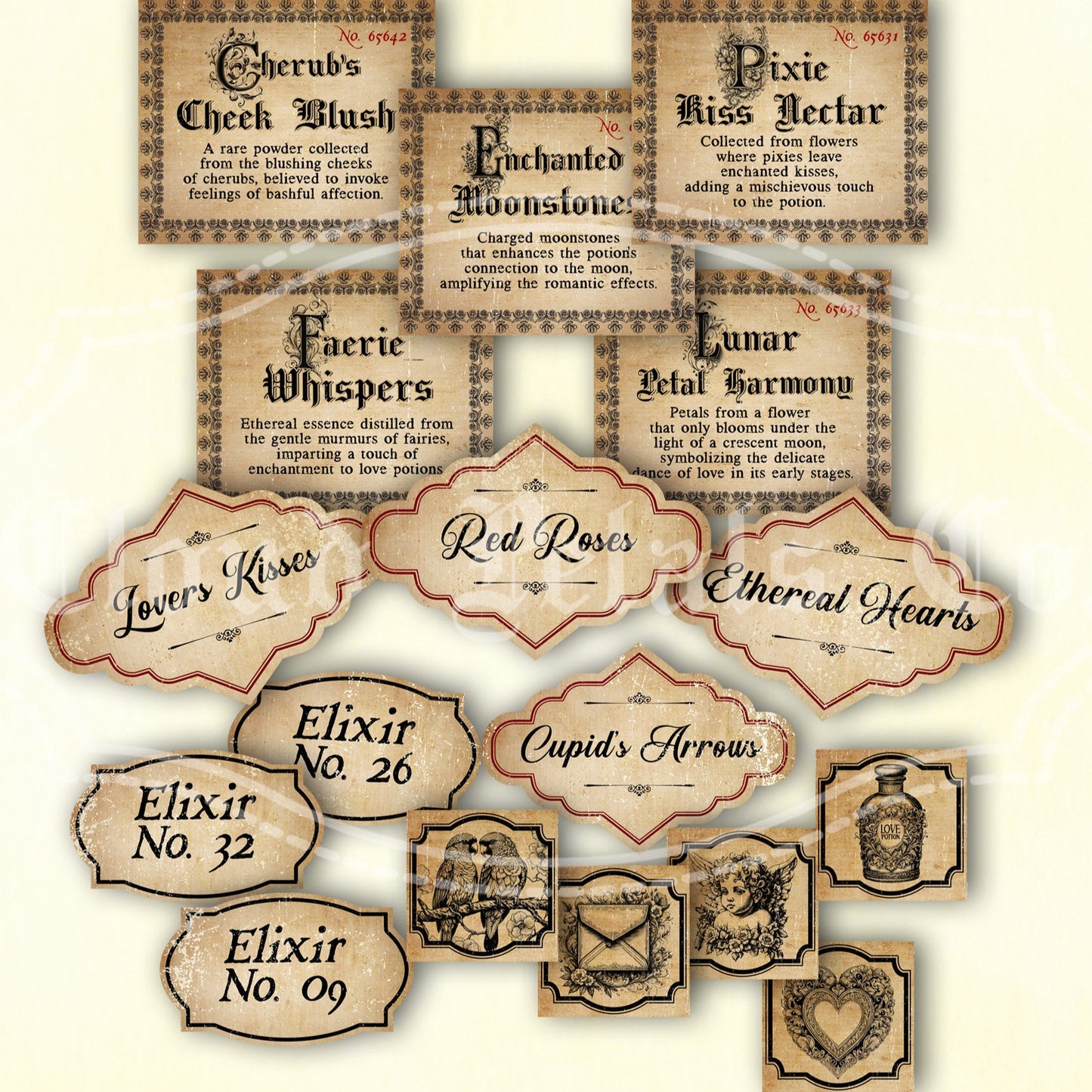 Vintage-style love potion labels with decorative text on a beige background