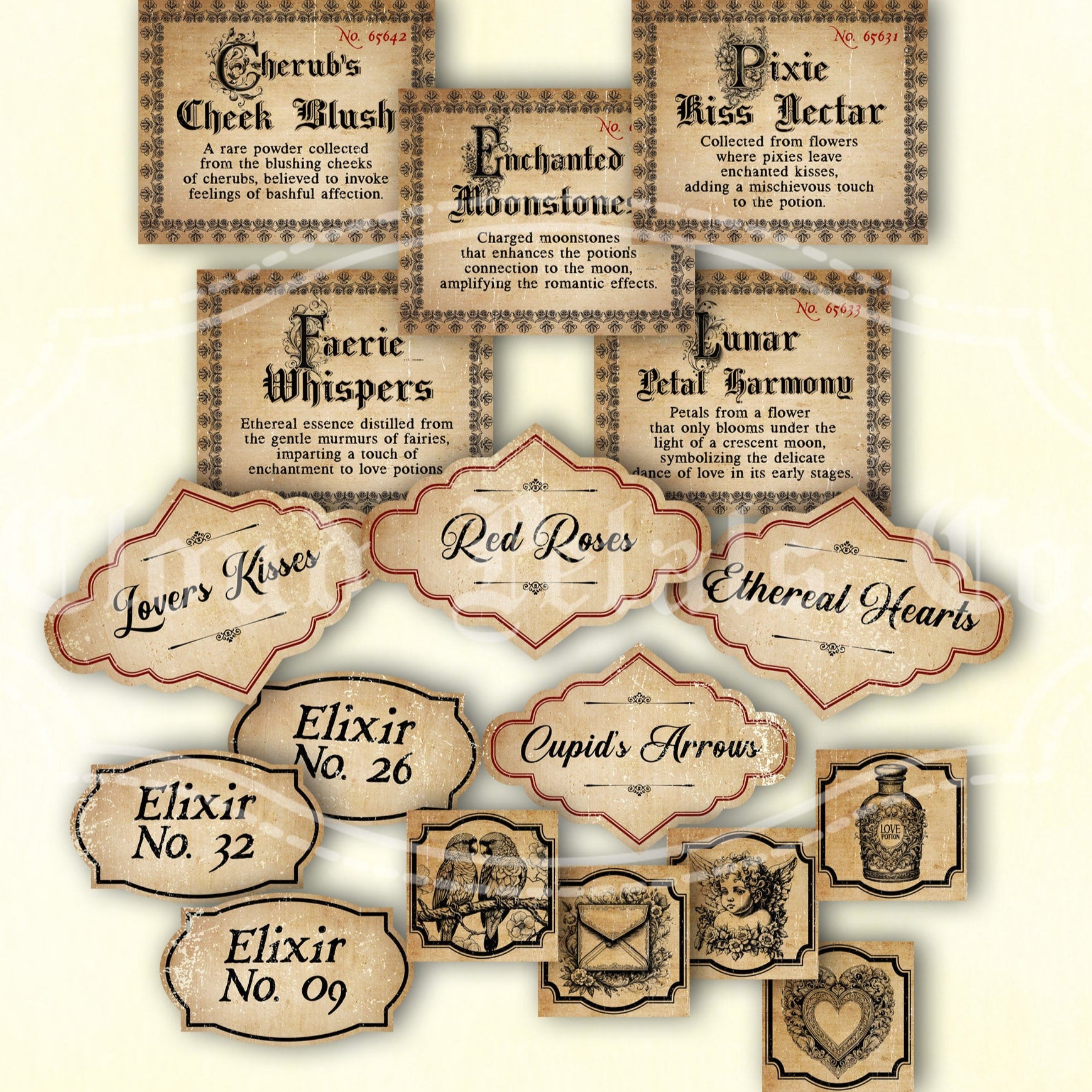 Vintage-style love potion labels with decorative text on a beige background