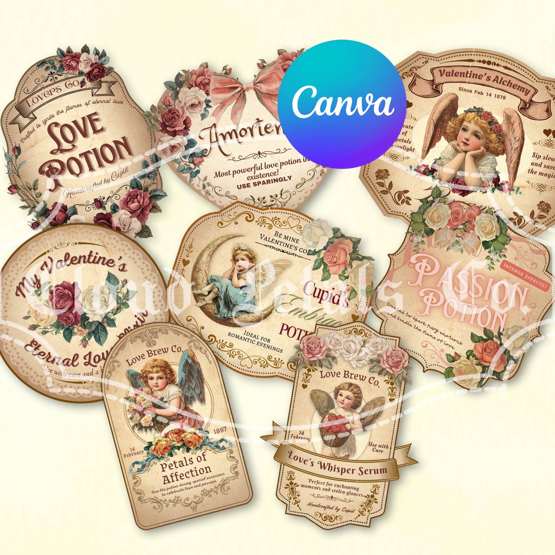 Valentine's love potion labels with Canva branding on a beige background