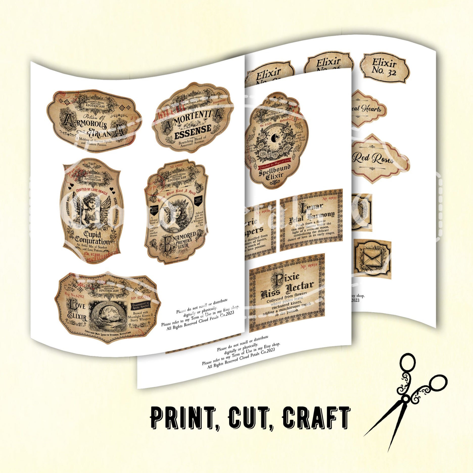 Sheet of vintage-style love potion labels with scissors icon on a beige background