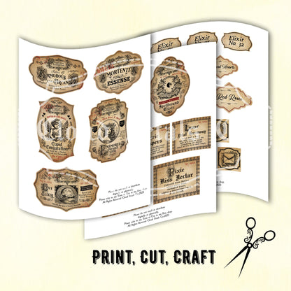 Sheet of vintage-style love potion labels with scissors icon on a beige background