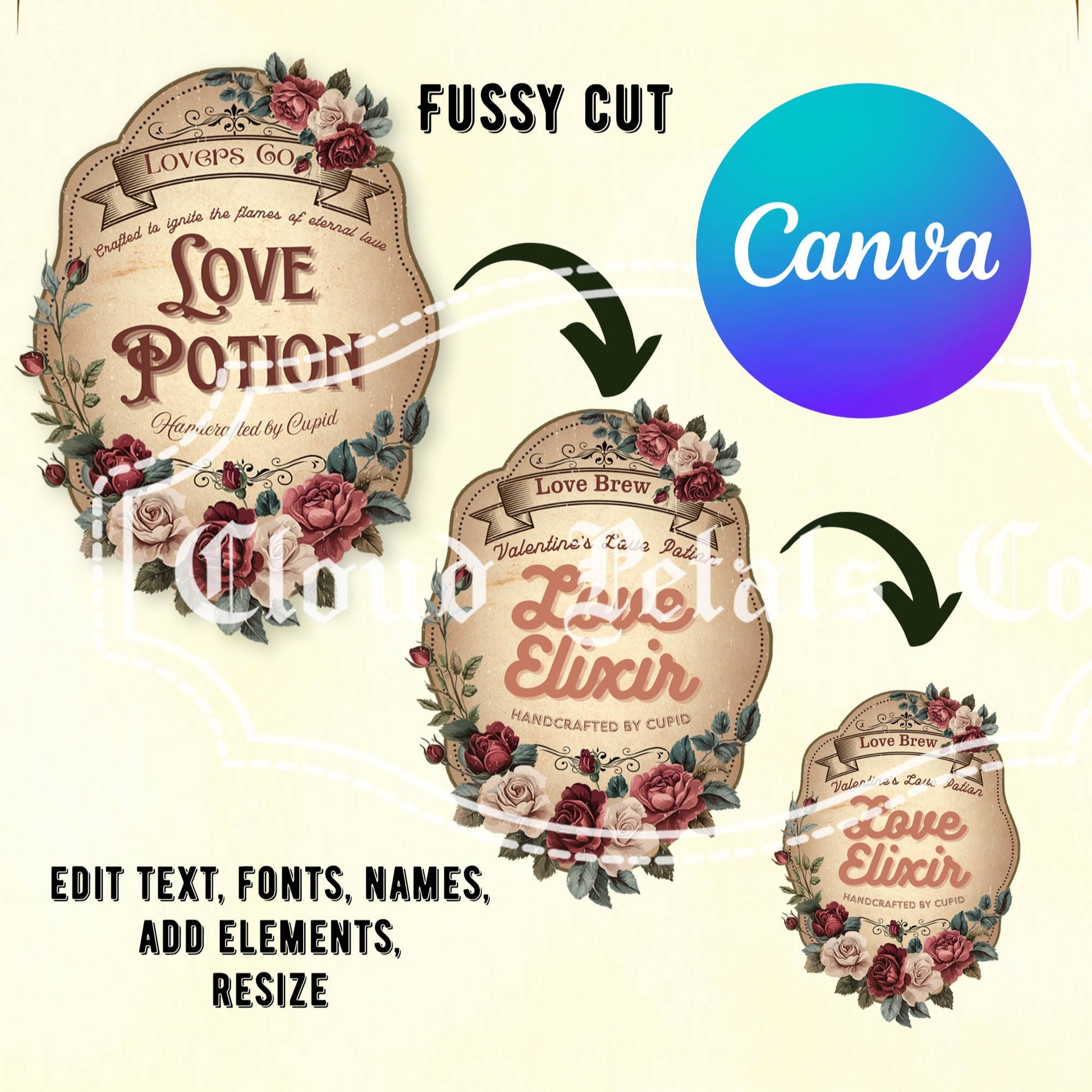 Valentine's love potion labels with Canva branding and text editing options.