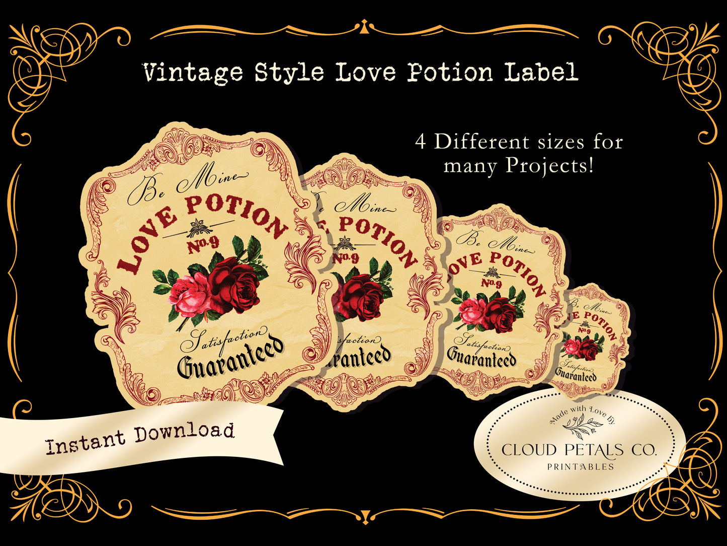 Love Potion Valentine’s Label – Vintage Rose Wine & Gift Tag (Printable)