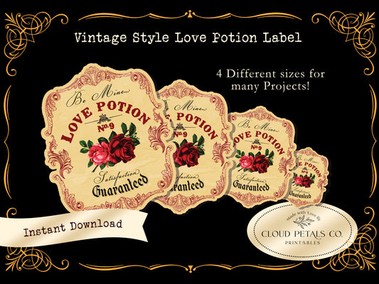 Love Potion Valentine’s Label – Vintage Rose Wine & Gift Tag (Printable)