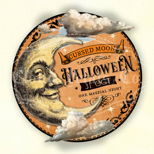 Cursed Moon Halloween Wall Art – Vintage Round Moonface Sign